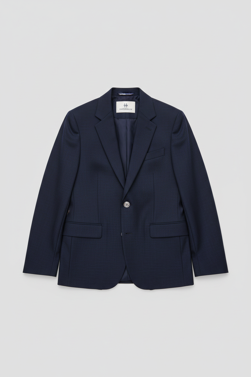 Modern navy blazer flat-laid on a clean light gray background